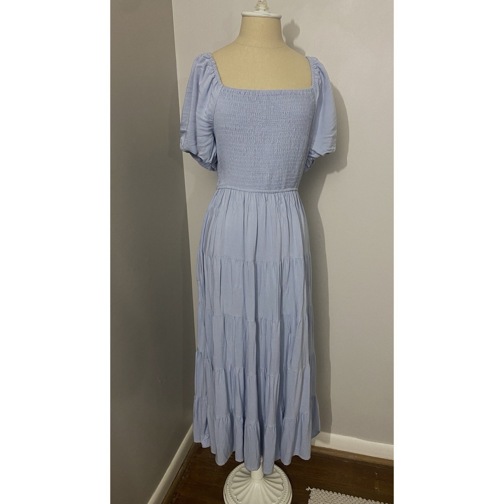 Woman's Tiered Maxi Dress Size Large Blue Smocked Milkmaid Peasant Cottagecore
